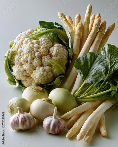 Cauliflower white asparagus garlic turnips and pale mushrooms in a refined monochromatic still life showcasing luxury farm produce