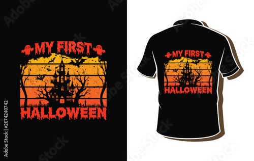 Vintage Halloween t-shirt design featuring a haunted house silhouette, spooky trees, bats, and a retro sunset background with the phrase 