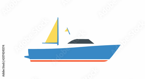 Blue sailboat on calm waters, sunny day