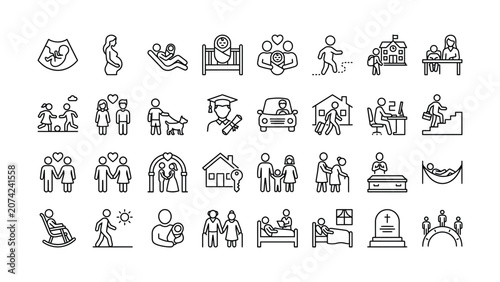 Photos Human life cycle and family relationships outlined with simple line art icons re