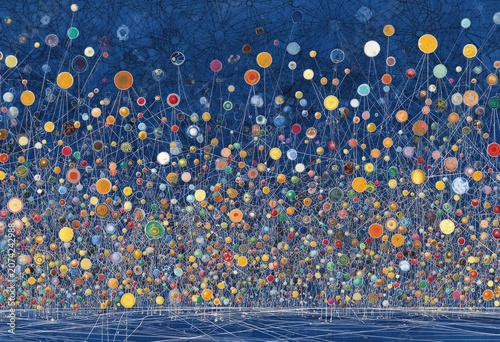 Abstract artwork; colorful circles, lines, dark background