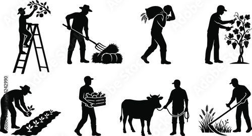 Foto Black silhouettes set of farmers working on agricultural farm harvesting crops p