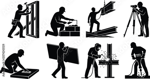 Фотография Construction workers and building site manual labor silhouettes vector icon set
