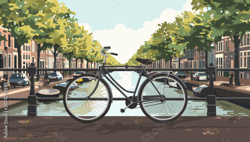 Foto A classic black bicycle parked on a bridge over a canal in a European city with tree-lined streets and historic buildings