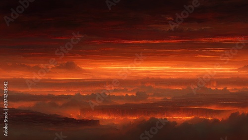 Fiery, hazy landscape at sunrise or sunset