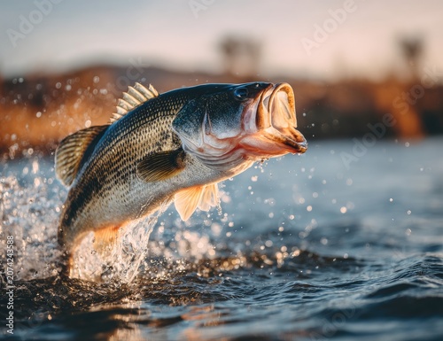 Large bass leaping from water, mouth agape.  Splashing water surrounds it.  Golden hour light