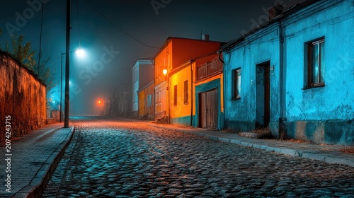 Cobblestone street at night, shrouded in mist, with colorful old buildings