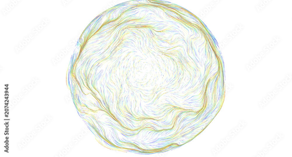 Fototapeta premium Colorful abstract spherical pattern with flowing lines and dots, representing energy and movement.