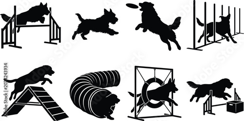 Bild auf Leinwand Dog agility training and obstacles silhouette vector icons set featuring weave p