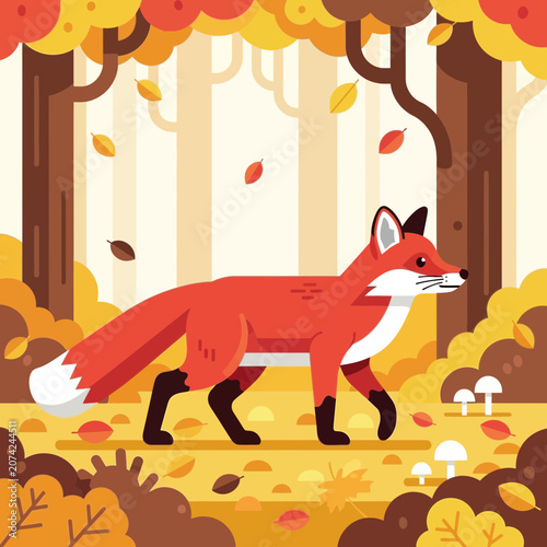 Autumn Fox Walking Through Colorful Forest Leaves
