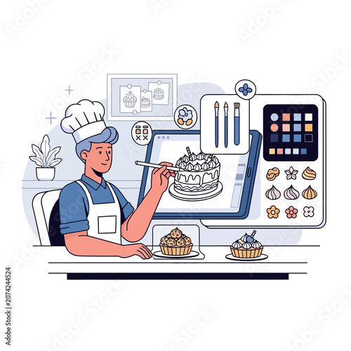 Baker Designing Cake Online Using Digital Tools and Tablet