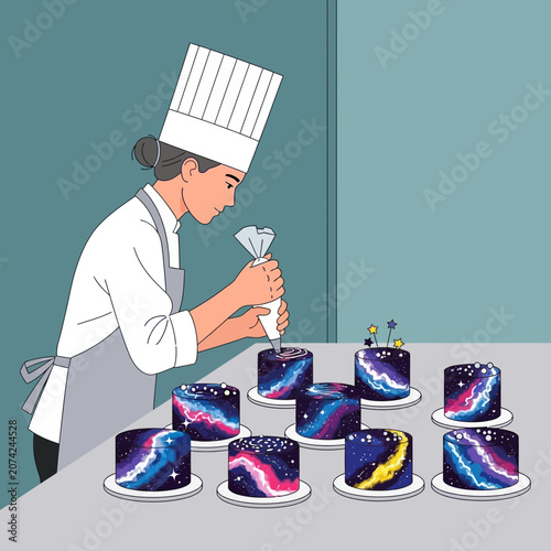 Baker decorating galaxy cakes with piping bag, culinary art, dessert creation