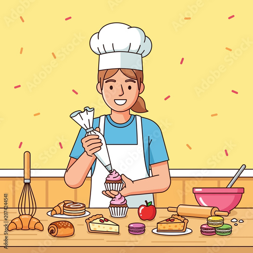 Baker Decorating Cupcakes with Frosting, Surrounded by Pastries and Baking Tools