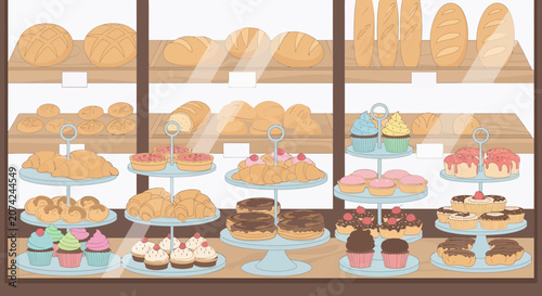 Bakery Display Window Full of Pastries, Cakes, and Breads