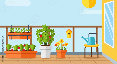 Balcony Garden with Plants, Flowers, and Watering Can