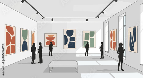 Art Gallery Exhibition: Abstract Paintings, People Viewing Art, Modern Museum Interior