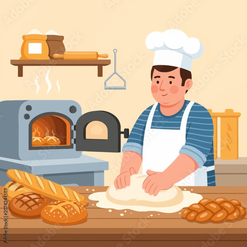 Baker Kneading Dough, Baking Bread in Oven, Bakery Scene Flat Illustration