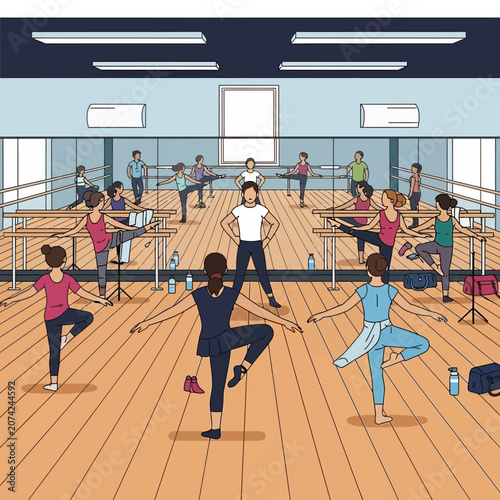Ballet Class: Diverse Students Practice Dance Moves with Instructor