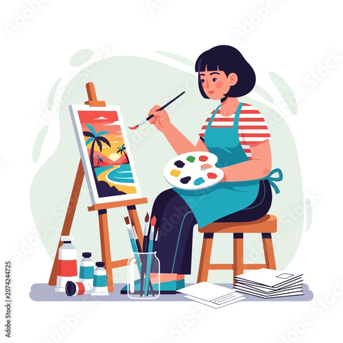 Artist painting a tropical beach sunset scene on easel, creative hobby