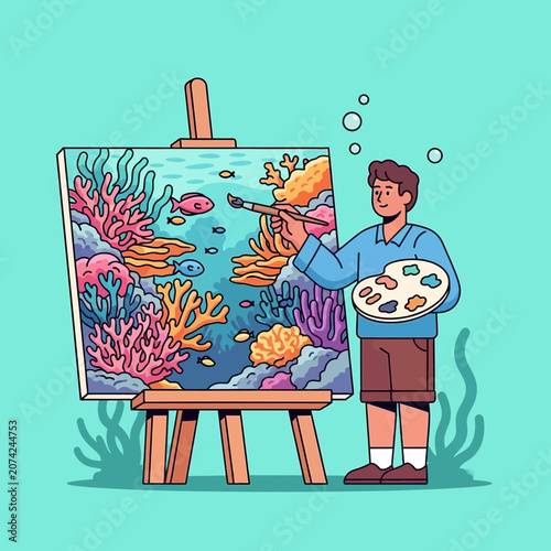 Artist painting underwater coral reef scene with colorful fish on canvas