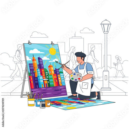 Artist paints vibrant cityscape on easel outdoors, urban art creation