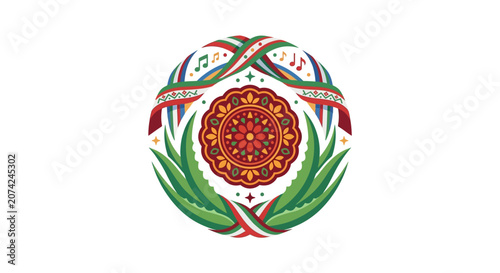 Minimalist flat design single icon of a vibrant Cinco de Mayo celebration featuring a traditional Mexican mariachi guitar adorned with a decorative rosette symbolizing cultural heritage and