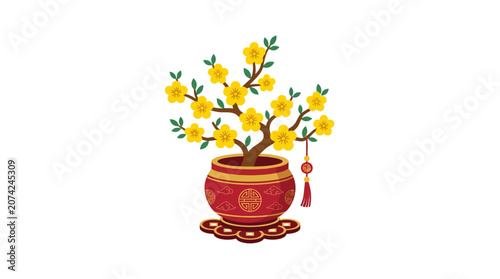 Minimalist flat design single icon of a vibrant Vietnamese Tet Lunar New Year apricot blossom branch sprouting fresh buds in traditional celebration style with cultural significance and fest