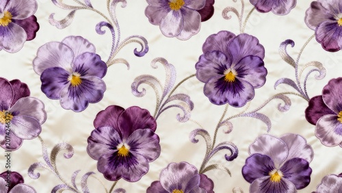 Luxury Purple Pansy Floral Embroidery on Cream Silk, Intricate Viola Blossom Textile Pattern with Silver Filigree Background