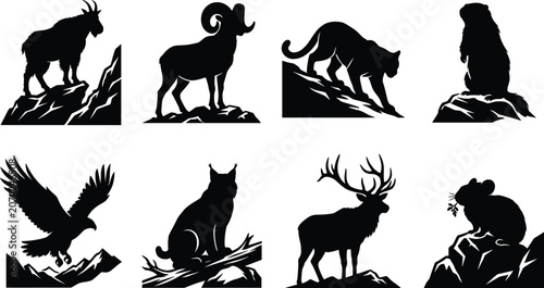 Schilderij op canvas Mountain animals vector silhouette icon set featuring mountain goat bighorn shee