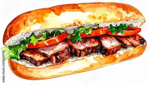 Loose expressive watercolor of Banh Mi sandwich with crispy pork belly, Vietnamese street food classic, bright colors and fresh details, hand drawn art, isolated on white background.