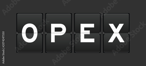 Black color analog flip board with word OPEX (abbreviation of operating expense) on gray background