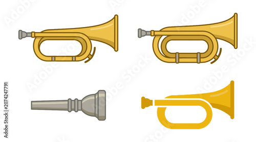 Foto Set of golden bugle icons and a silver mouthpiece