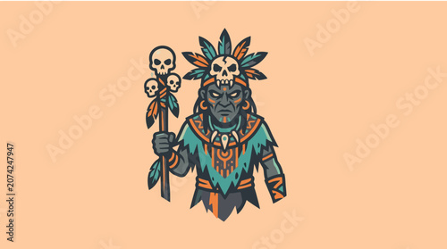 Tableau sur toile Tribal shaman warrior holding a skull staff illustration