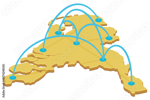 Isometric golden map of the Netherlands representing decentralized logistics, domestic trade, data transfer, distribution hub, and telecommunication connectivity network (cut out).