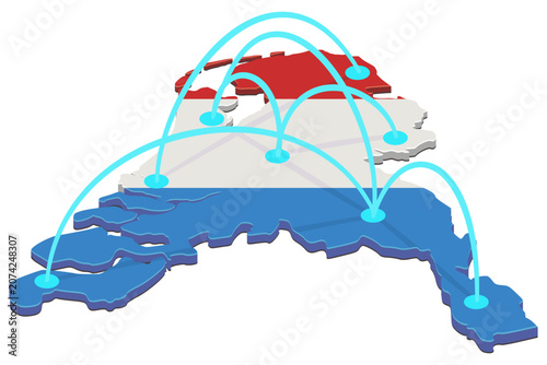 Isometric map of the Netherlands textured with national flag, representing decentralized logistics, domestic trade, data transfer, and telecommunication network (cut out).