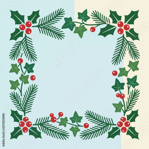 Fotografía A festive winter frame with holly berries and pine branches
