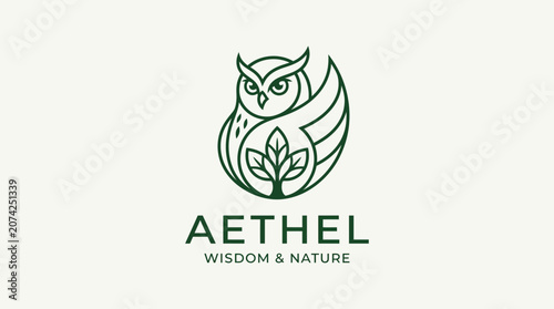Owl logo with leaf and text.