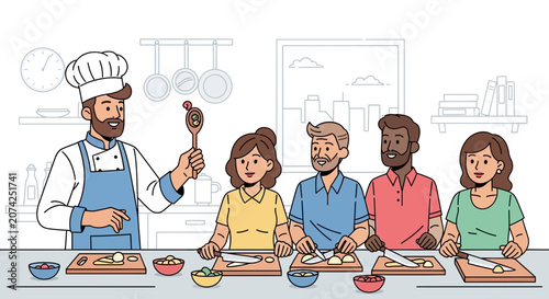 Schilderij op canvas Cooking Class: Chef Teaches Diverse Students How to Prepare Food in Kitchen