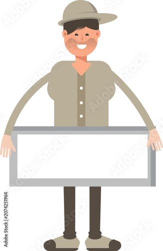 Boy with Cap Character and Blank Signage

