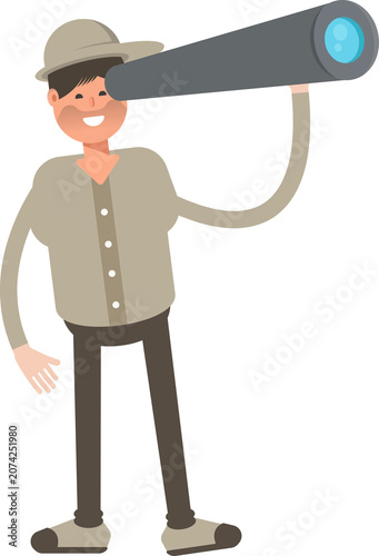 Boy with Cap Character Using Binoculars

