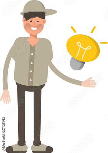 Boy with Cap Character and Light Bulb

