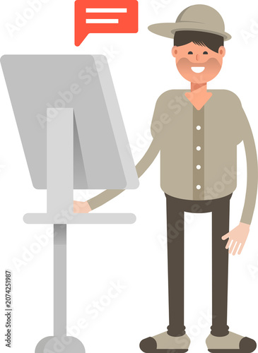 Boy with Cap Character Working on Computer
