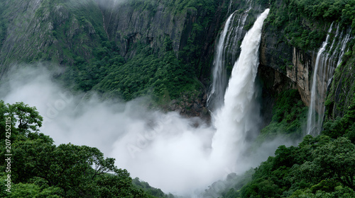 Breathtaking waterfall nestled in a vibrant green forest with a mystical fog creating a stunning natural scene