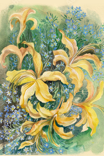 grunge background with yellow flowers and myosotis for
greeting card