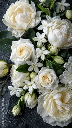 White Roses and Peonies on Wet Dark Stone