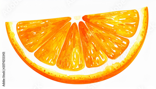 Loose expressive watercolor orange slice, hand drawn sketch style, bright juicy pulp, soft bleeding colors, isolated on white, fresh and tasty citrus fruit, minimal botanical feel.