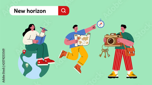 Travel exploration. New horizon search. World adventure vector graphic.