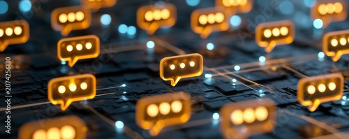glowing golden chat bubble icons on a dark futuristic circuit board with blue light lines, concept for digital communication, online customer support and global social networking