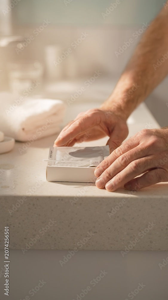 Fototapeta premium Hands using home pregnancy test on bathroom counter