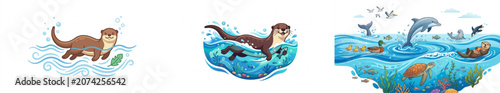 Cartoon otter swimming in ocean waves with seaweed (8)